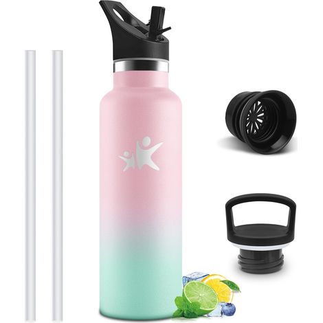 Gourde Isotherme 0,75L, Reutilizable, Bouteille Isotherme Sin BPA, Aislamiento Al Vacío de Doble Pared, Gourde Avec Paille, Étanche, Bouteille D'eau Metal para Deporte, Rose pâle et vert pâle (1/5)