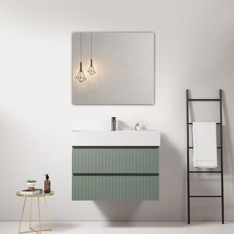 Mobile bagno sospeso cannettato 80 cm Verde Salvia Lavabo in Resina Specchio Quadro - Fiji Paint (1/4)