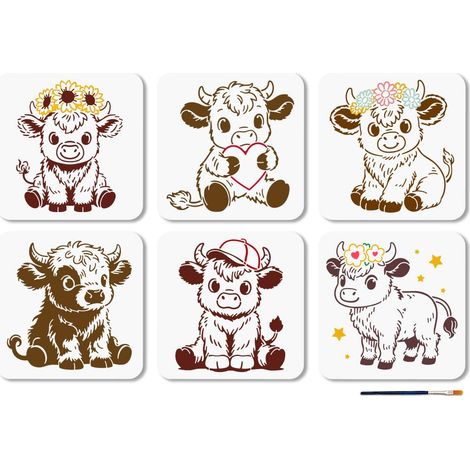 6 pochoir en Forme de Vache des Highlands Motif Floral Mignon pour Peinture 20 x 20cm Motif Animalier avec Pinceau pour Mur Meubles Papier Toile Scrapbooking Décoration (1/5)