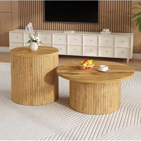 Table basse ronde lot de 2, tables gigognes en MDF décor bois naturel HAVRYA (1/5)
