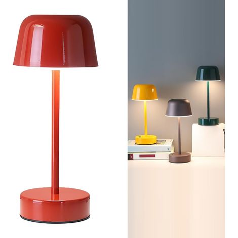 Rechargeable table lamp, yellow mushroom table lamp with USB port, small battery-operated touch lamp for bedside table, bedside, bedroom, living room, dining room, red
