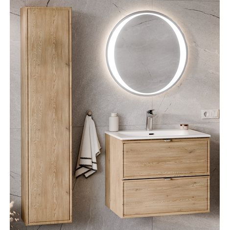Ensemble Complet Meuble Vasque 60 cm + Vasque + Miroir LED + Colonne - L 60 x P 46 x 51,5 cm - Caldera Clair - Livraison gratuite
