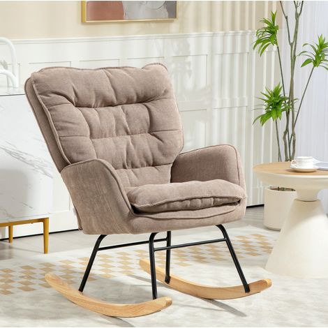 Fauteuil à bascule en tissu brun avec accoudoirs, assise large 53 cm, dossier ergonomique, patins en bois et feutre antidérapant, 120 kg pour salon - CHICFURN (1/5)