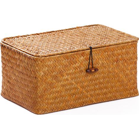 Panier de rangement avec couvercle, tressé, couleur naturelle, boîte avec fermetures Tommoy01 (1/5)