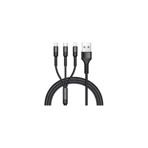 Câble multi USB 3 en 1 nylon tressé – Connecteurs Micro USB et Type C – Charge simultanée jusqu'à 5V/2A – Longueur 1.2m (Noir) (1/5)