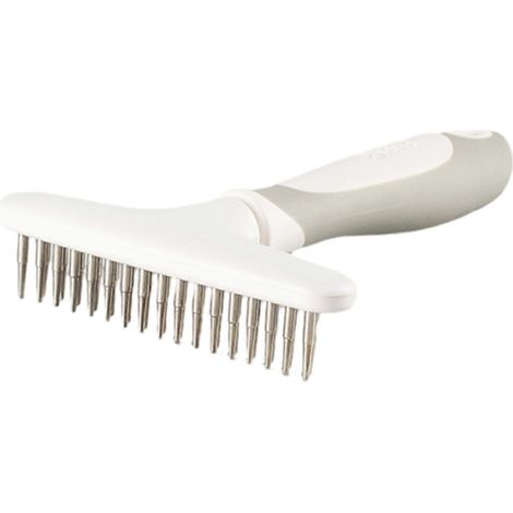 Peigne pour animaux, manche antidérapant, design ergonomique incurvé, pointes d'aiguilles arrondies, double rangée, acier inoxydable gris (1/5)