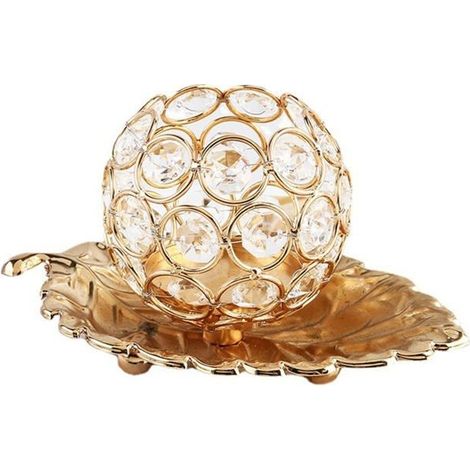 Bougeoir en métal avec plateau en forme de feuille Bougeoir en forme de boule de cristal Bougeoir décoratif (doré) (1/5)