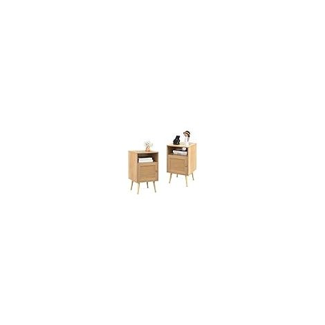 COSTWAY Comodino in Legno con Spazio di Archiviazione, Comodino con Porta in Rattan, Gambe in Legno Massello, per Soggiorno Camera da letto, 40 x 39 x 70 cm (2) (1/5)