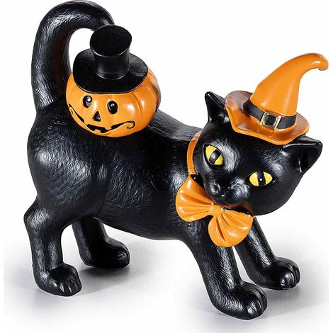 Decoro di Halloween a gatto nero in resina con cappello, papillon e zucca, set da 2 pezzi, cm 16 x 8,5 x 16 H