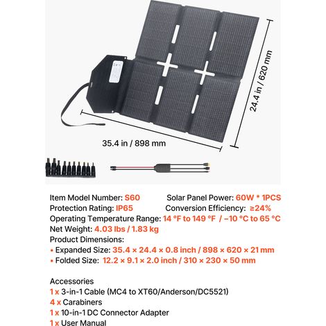 VEVOR 60W Foldable Solar Panel Charger, 16BB N-Type Monocrystalline Solar Panel 24% Efficiency, Lightweight Portable with MC4 Output, Type-C, USB-A & DC Ports for Power Stations Camping Hiking (1/4)