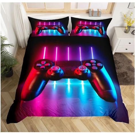Jeu de literie Gamepad 240x260cm Console Jeu vidéo Housse de Couette Gamer Ensemble de lit dégradé néon Gamer Gaming Game - HRQ (1/4)