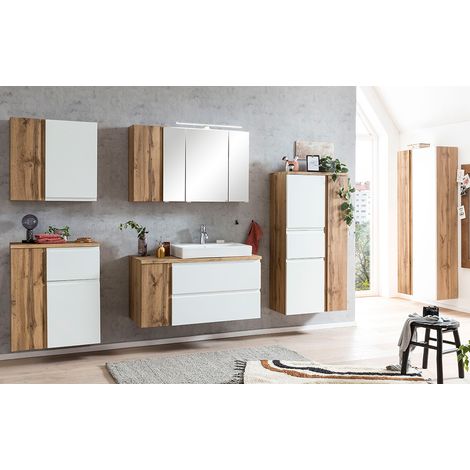 Badmöbel Komplett Set inkl. Keramik-Waschbecken rechts und LED Beleuchtung in Wotan Eiche Nb. mit weiß matt, VASTO-03-WHITE (1/5)