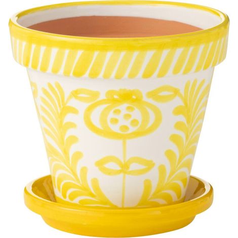 Cache pot en poterie jaune peint à la main - jaune et blanc (1/3)