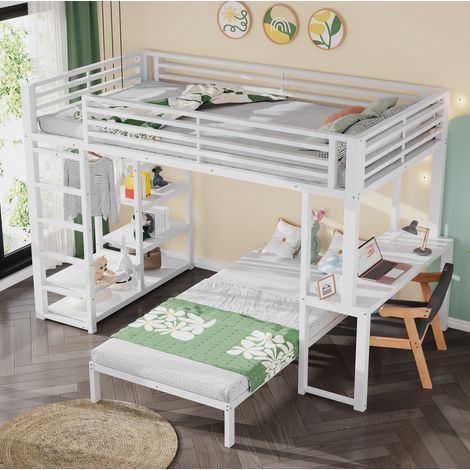 Letto a soppalco 90 x 200 cm con scrivania, vani portaoggetti e presa USB-C, bianco DESVIAE (1/5)