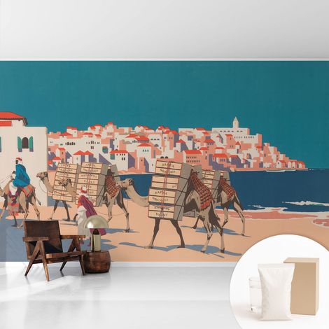 Papier peint intissé décoratif avec motifs pour salon et chambre a motif - Colle incluse gratuite Caravane de chameaux 416x254 cm (1/5)