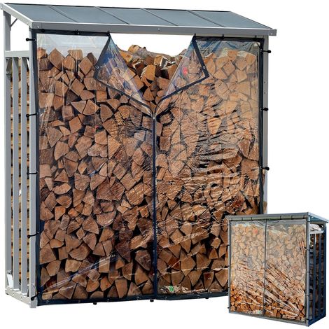 Aluminium Kaminholzregal Außen 130 x 70 x 185 cm Mit Wetterschutz Transparent, Pro - 40 mm Aluprofil, Grau, Wetterfest, Kapazität 1,6 m³ (2,5 SRM), L Garten Kaminholzunterstand Stapelhilfe (1/5)