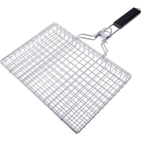 1 panier à griller en acier inoxydable (50 x 32 x 3,5 cm), grille en alliage avec manche en bois, convient pour les légumes, la viande et le poisson (1/5)