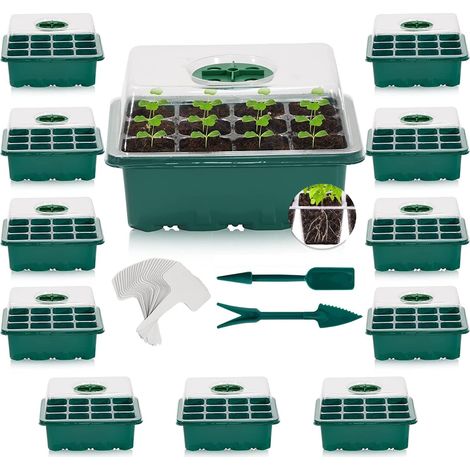 [JAMAIS UTILISÉ]12Pcs Plateaux de Démarrage de Semences, 144 Cellules Plastique Très Résistant pour Propagation de Graines avec Dôme De Ventilation Et Socle, 20 étiquettes De Plantes, 2 Semis Outils (1/5)