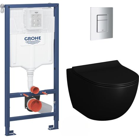 Grohe Pack WC Bâti-support Rapid SL + WC SAT Infinitio 2.0, Noir mat + Abattant frein de chute + Plaque Chrome