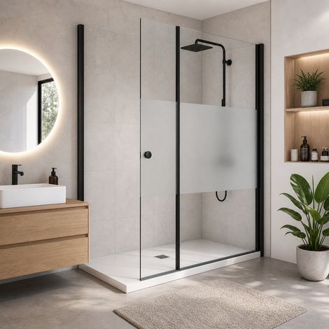 Onbath's Paroi de douche 100+60 retour pivotant cranté verre transparent à bande sablée - accessoires noir mat