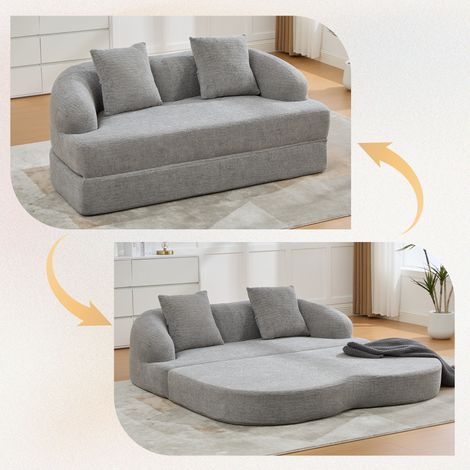 Canapé Convertible 2 Places Canapé-Lit Pliable avec 2 Coussins, Sofa Gain de Place pour Salon, Chenille Gris (1/5)