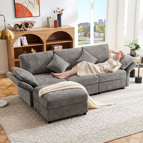 Ecksofa Chenille Grau 218x156,5x86 cm mit flexiblem Hocker, 4 Kissen und verstellbaren Armlehnen (1/5)