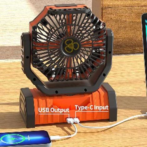 1 Stück. Farbe: Schwarz. Material: ABS. Oszillierender Ventilator mit externem Akku und integriertem Nachtlicht, ideal für Zuhause, Camping und den Einsatz auf dem Boden. (1/5)