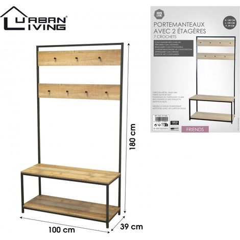 Meuble porte manteaux 2 étagères, 7 crochets - Bois et Noir - Bois et métal - 100 x 39 x H 180 cm - Livraison gratuite