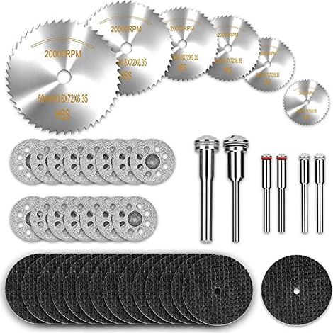 42 cutting blades, 15 mini diamond cutting blades, 6 mini HSS circular saw blades, 15 mini resin cutting blades, wood stone rotary tools (1/4)