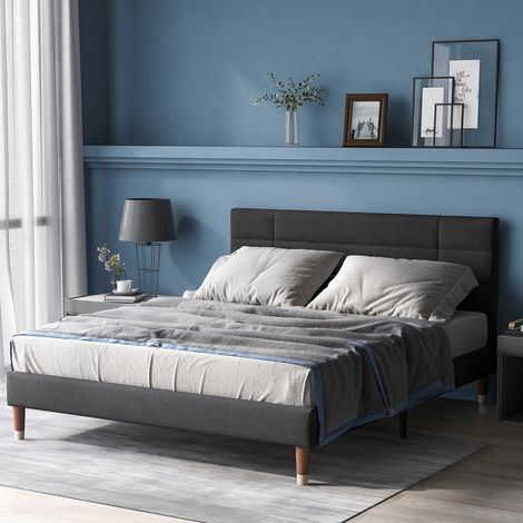 Letti imbottiti 140x200cm, letto matrimoniale in lino, giroletto matrimoniale con rete a doghe, testiera imbottita, letto senza materasso, grigio scuro (1/5)