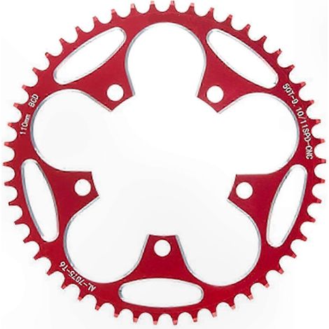 Couronne plateau vélo monobloc, 110mm BCD, 5 branches, profil étroit-large, teinte rouge (1/5)