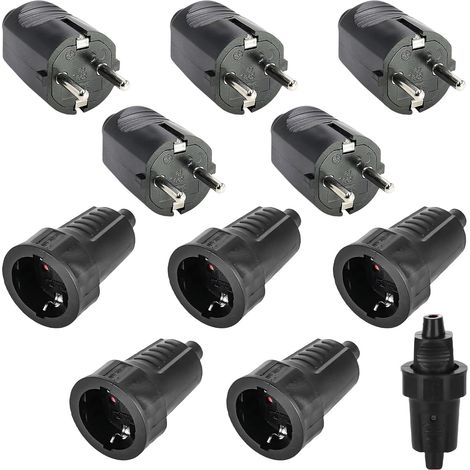 Lot de 5 paires de fiches : 250 V 16 A IP54 - En caoutchouc - Avec contact de protection - 2 broches - Extérieur étanche - Noir - Fiche et raccord en caoutchouc sans câble (1/5)
