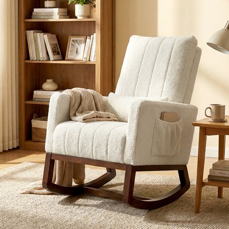 Fauteuil à bascule, rocking chair en flanelle neige rembourré, coussin lombaire, dossier haut, poches latérales, crème