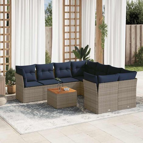 Canapé de jardin en résine tressée gris 9 pièces avec coussins bleu marine - Ensemble modulaire salon extérieur avec rangement (1/5)