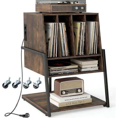 Meuble Platine Vinyle avec Prise jusqu'à 180 Vinyle, 4 roulettes, Étagères, 5 Compartiments, Support Tourne Disque pour CD, DVD, Manga, Livres, Marron (1/5)