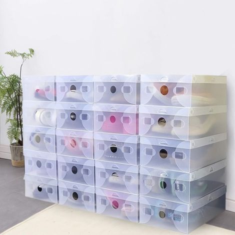 20 faltbare Schuhkartons, transparente Boxen, 28 cm x 18 cm x 10 cm, stapelbar, Kunststoffboxen, weiß gerippt