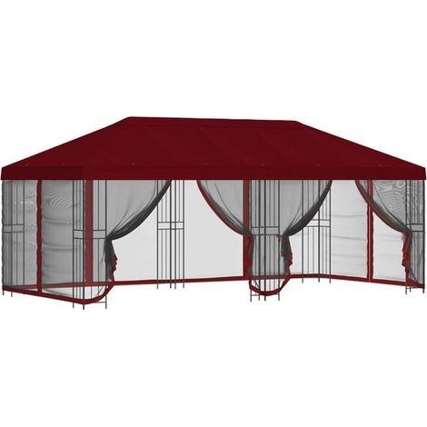 Un gazebo avec parois latérales, 6 x 3 mètres, rouge bordeaux, en polyester et acier. (1/5)