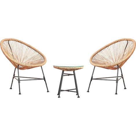 Concept-Usine – Ensemble de 2 fauteuils en polyéthylène rotin naturel et table basse en verre trempé – Salon de jardin élégant – Structure en acier – Résistant aux intempéries