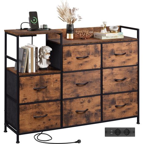 Commode 8 tiroirs tissu avec prises USB et AC, marron (1/5)