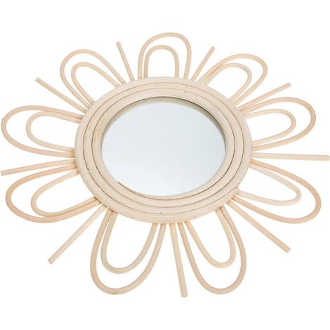 Miroir mural tressé en rotin décoration en verre et rotin. (1/4)
