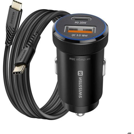 Chargeur Voiture USB-C 20W / USB-A QC 3.0 18W avec Câble USB-C 60W Swissten Noir (1/5)