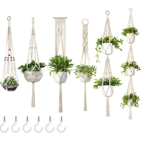 6er Set Makramee Pflanzenhänger mit Haken, Hängende Pflanzgefäße aus Baumwollseil, Boho Dekor