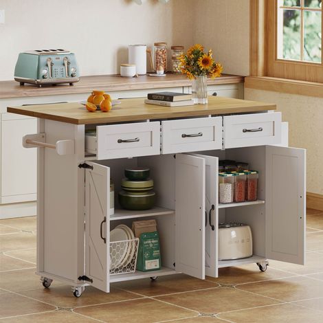 Îlot de cuisine avec plateau rabattable, équipé de 5 roulettes verrouillables, 4 portes, 3 tiroirs, porte-serviettes double face, design style grange, blanc, 140x43(70)x90.5 cm.