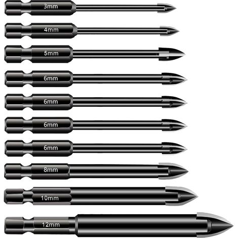 Set mit 10 Hartmetall-Sechskant-Bohrern – Multifunktions-Bohrer-Set für Porzellan, Keramik, Spiegel, Beton, Ziegelwände und Glas.