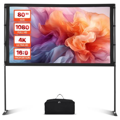 Pantalla de Proyector con 2 Soportes de Pie Plano, Pantalla de Proyección Portátil Antiarruga de 203,2 cm con Bolsa de Transporte Ángulo Amplio de 160° 16:9 4K HD para Cine en Casa (1/5)