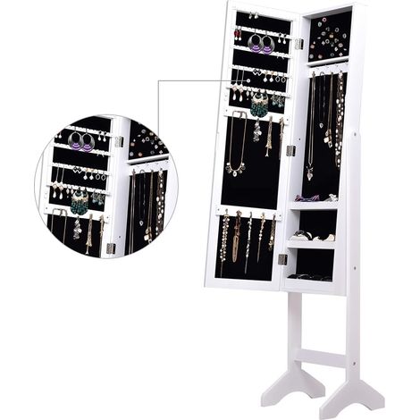 GOPLUS Armoire à Bijoux sur Pied,Miroir Plein Longueur,Foret à Résine en Surface,Stockage des Bijoux,Flanelle Noire,Blanc (1/4)