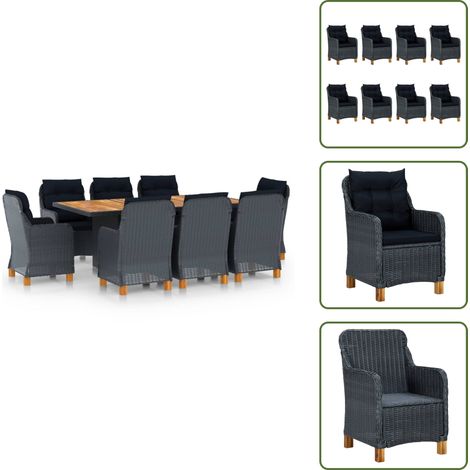 Cojines para sillas - vidaXL Set comedor jardín 9 pzas cojines ratán sintético gris oscuro - Ratán sintético