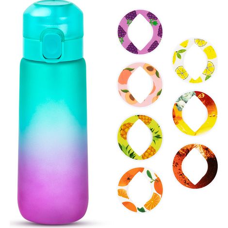 Bouteille d'eau aromatisée 750 ml, bouteille d'eau de sport avec 7 dosettes de parfum de fruits aléatoires, pour le camping et le fitness en plein air (1/5)