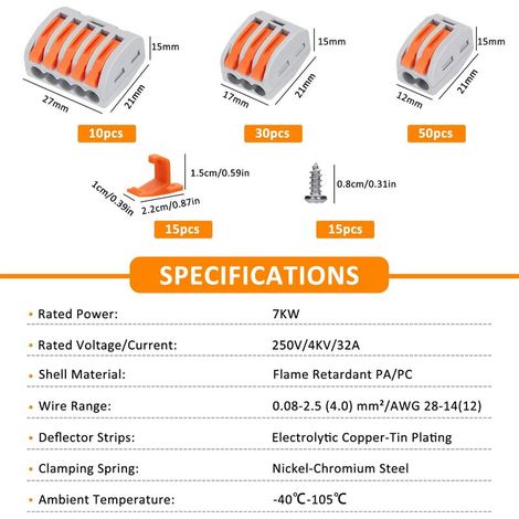Shirylzee 90PCS Connecteur Electrique Rapide Domino Electrique Connecteurs de Fils Compacts Borne de Connexion Electrique avec Levier pour Fils Solides,Toronnés et Flexibles 2/3/5 Entrées (1/5)