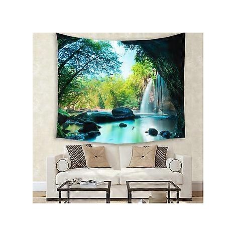 Waldmotiv-Wandteppich, Wasserfall, Asien, Thailand, Dschungel, tropische Pflanzen, Bäume, Touristenattraktion, Wandbehang für Schlafzimmer, Wohnzimmer, Studentenwohnheim, 59 x 51 cm, Farbe: Gr.